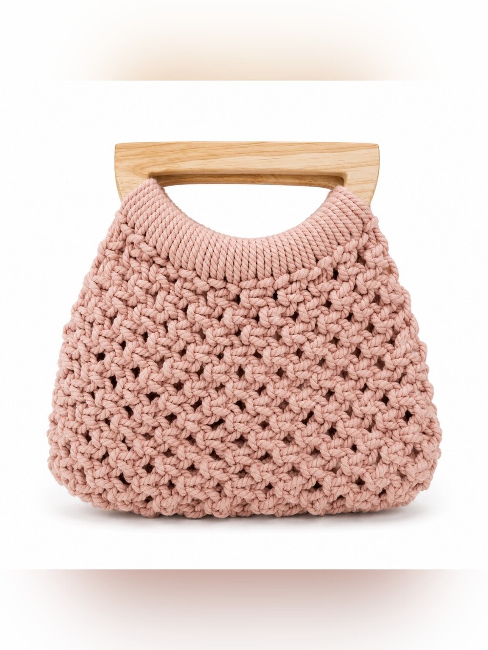 Handmade Blush Pink Macramé Crochet Handbag Wood Handle Boho Purse